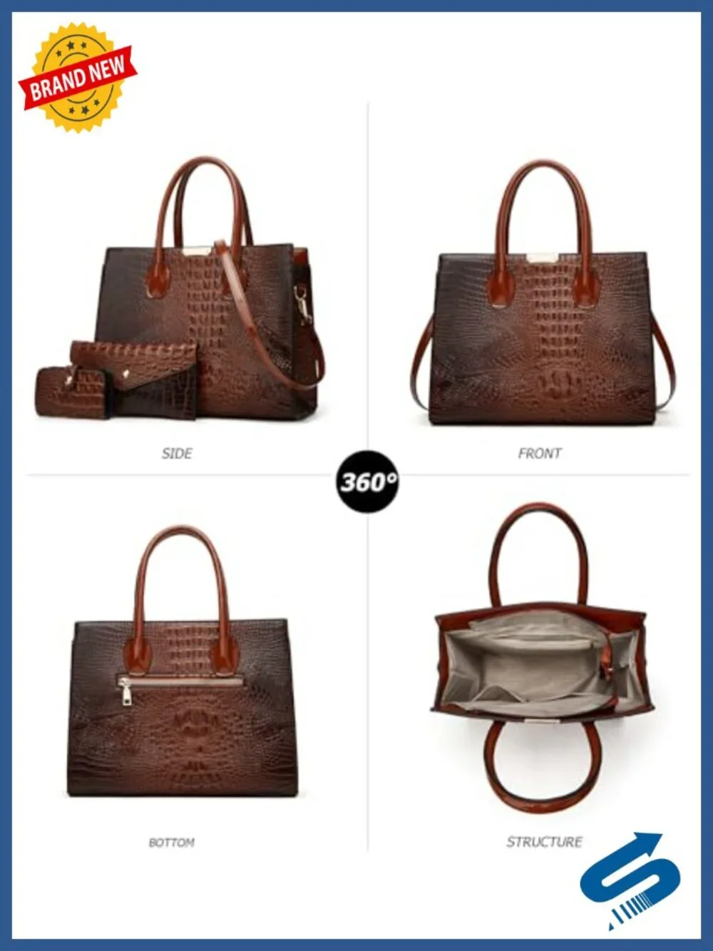 Luxury Crocodile Embossed 3 Pc Tote Handbag Set with Wallet